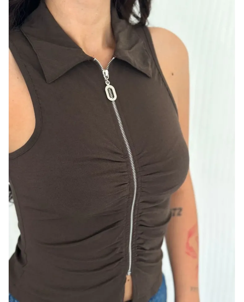 Kadın Yakalı Tam Fermuarlı Kolsuz Bluz - Kahverengi