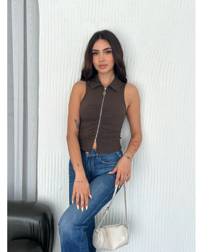 Kadın Yakalı Tam Fermuarlı Kolsuz Bluz - Kahverengi