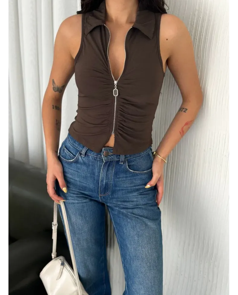 Kadın Yakalı Tam Fermuarlı Kolsuz Bluz - Kahverengi