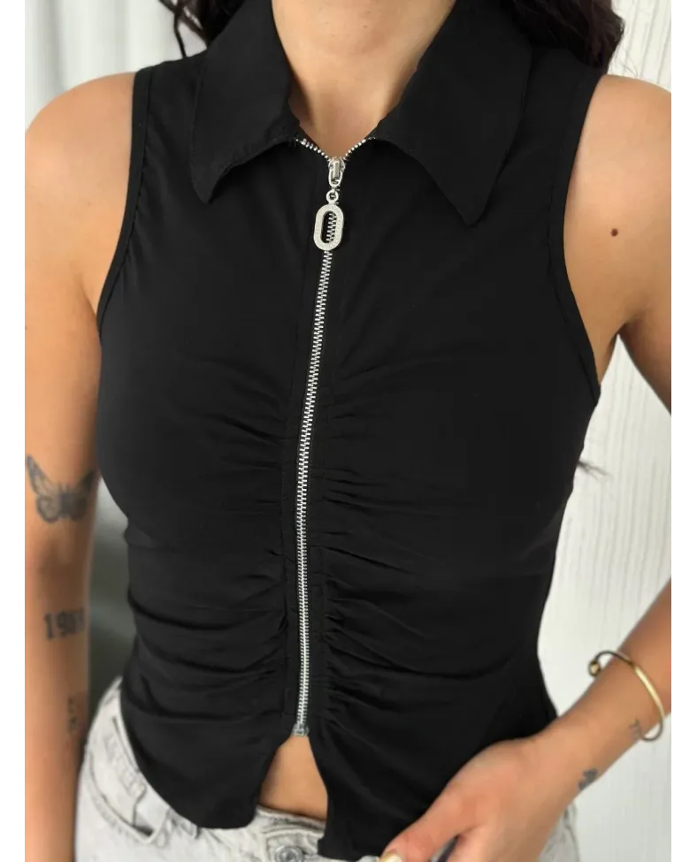 Yakalı Tam Fermuarlı Kolsuz Bluz - Siyah