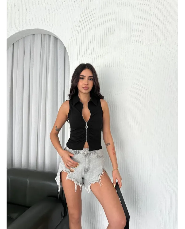 Yakalı Tam Fermuarlı Kolsuz Bluz - Siyah