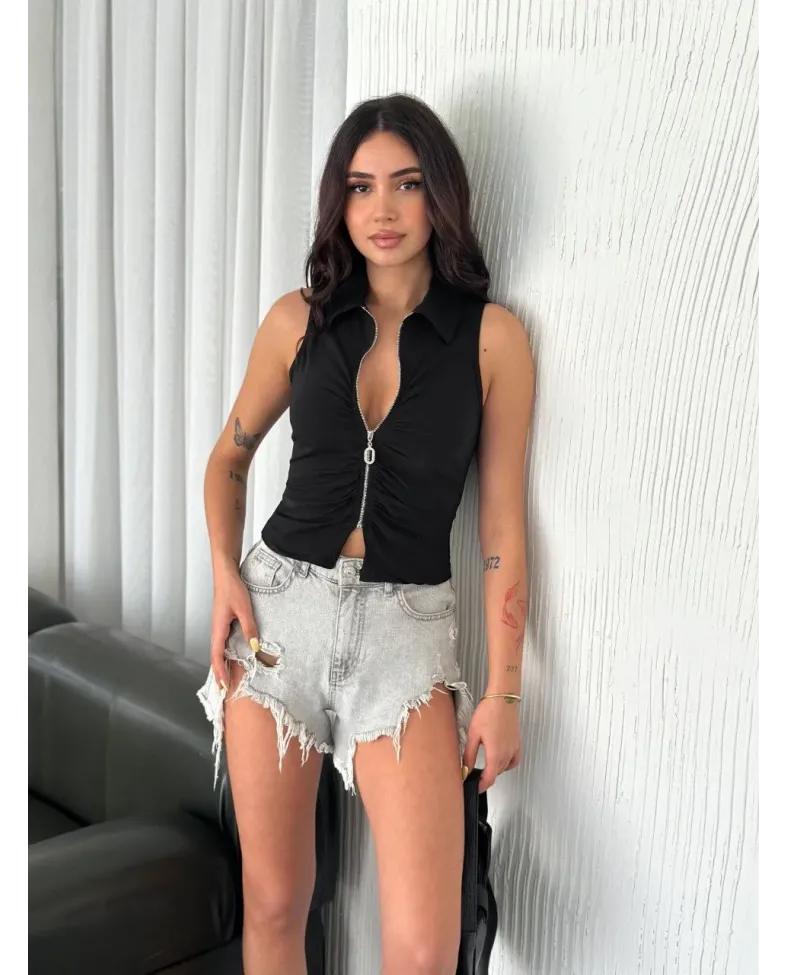 Yakalı Tam Fermuarlı Kolsuz Bluz - Siyah