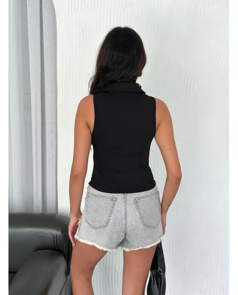 Yakalı Tam Fermuarlı Kolsuz Bluz - Siyah