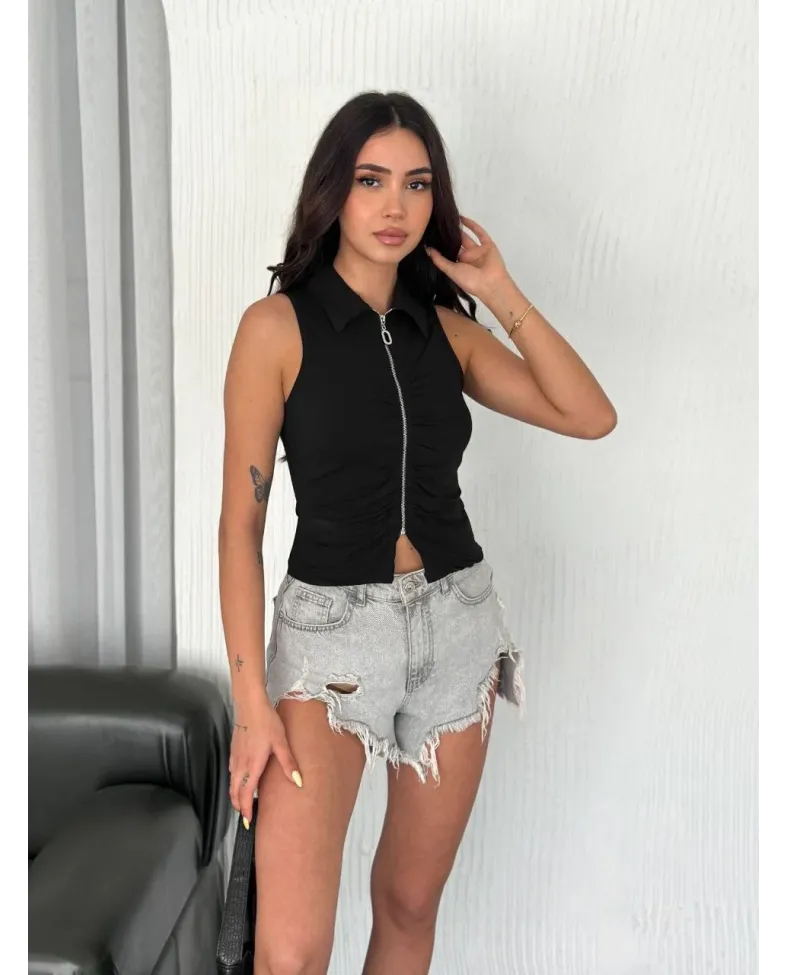 Yakalı Tam Fermuarlı Kolsuz Bluz - Siyah