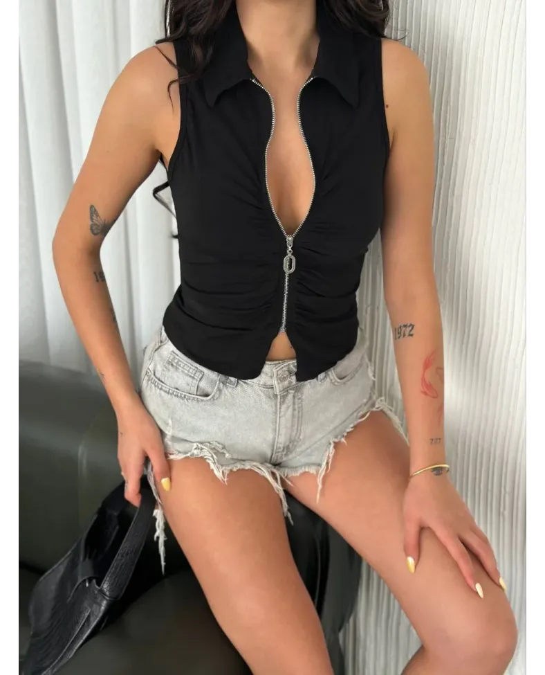 Yakalı Tam Fermuarlı Kolsuz Bluz - Siyah