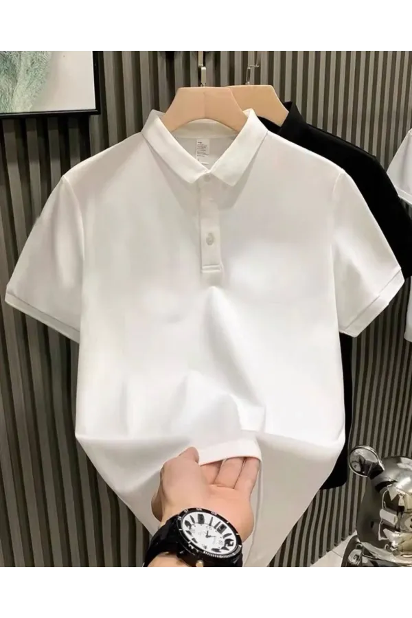 Yakası Düğmeli Yakalı Pike Düz T-Shirt - Beyaz