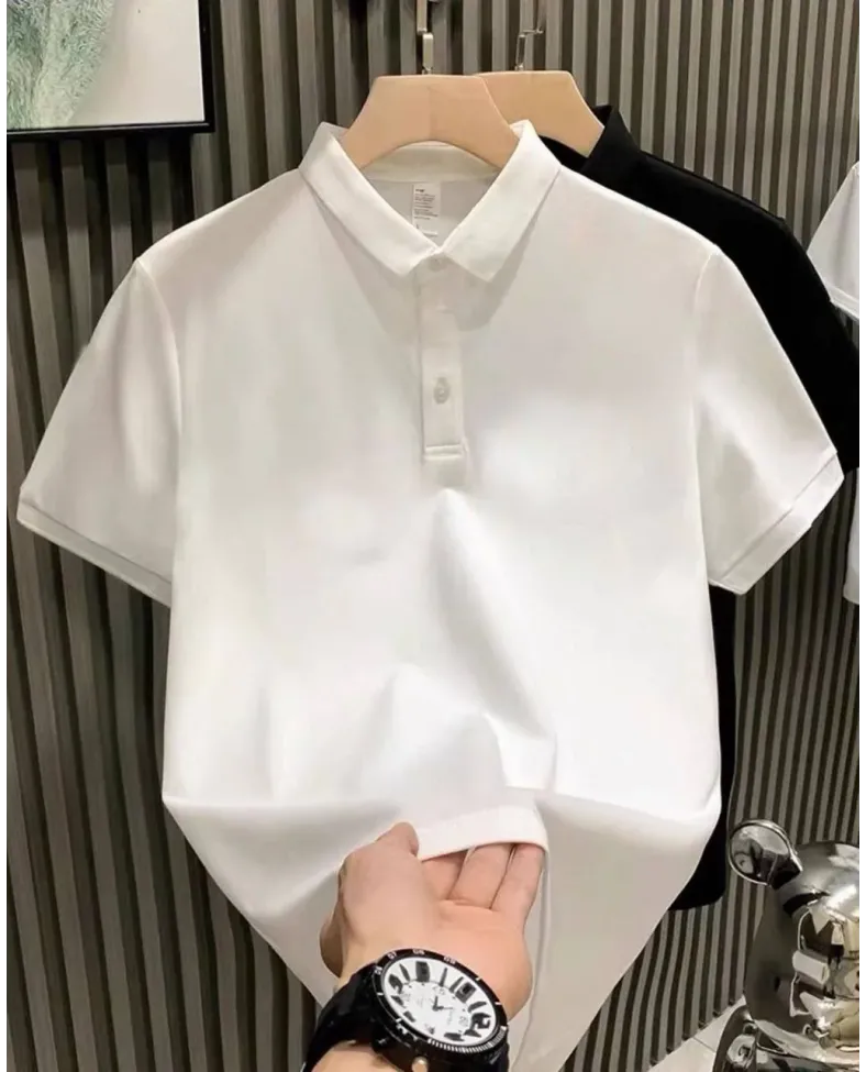 Erkek Yakası Düğmeli Yakalı Pike Düz T-Shirt - Beyaz