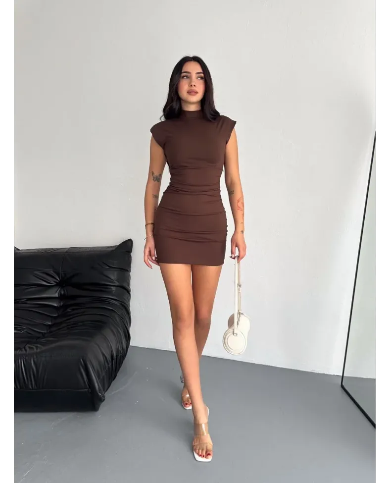 Yarım Bogazlı Kolsuz Mini Boy Elbise - Kahve