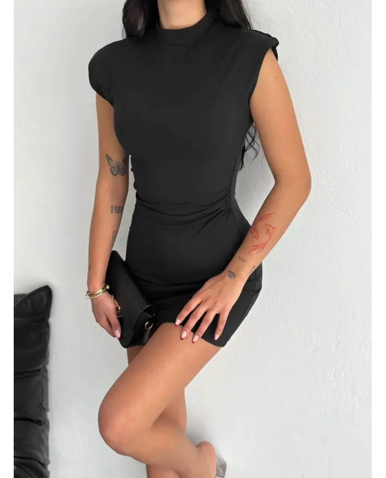 Yarım Bogazlı Kolsuz Mini Boy Elbise - Siyah