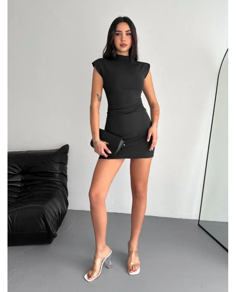 Yarım Bogazlı Kolsuz Mini Boy Elbise - Siyah