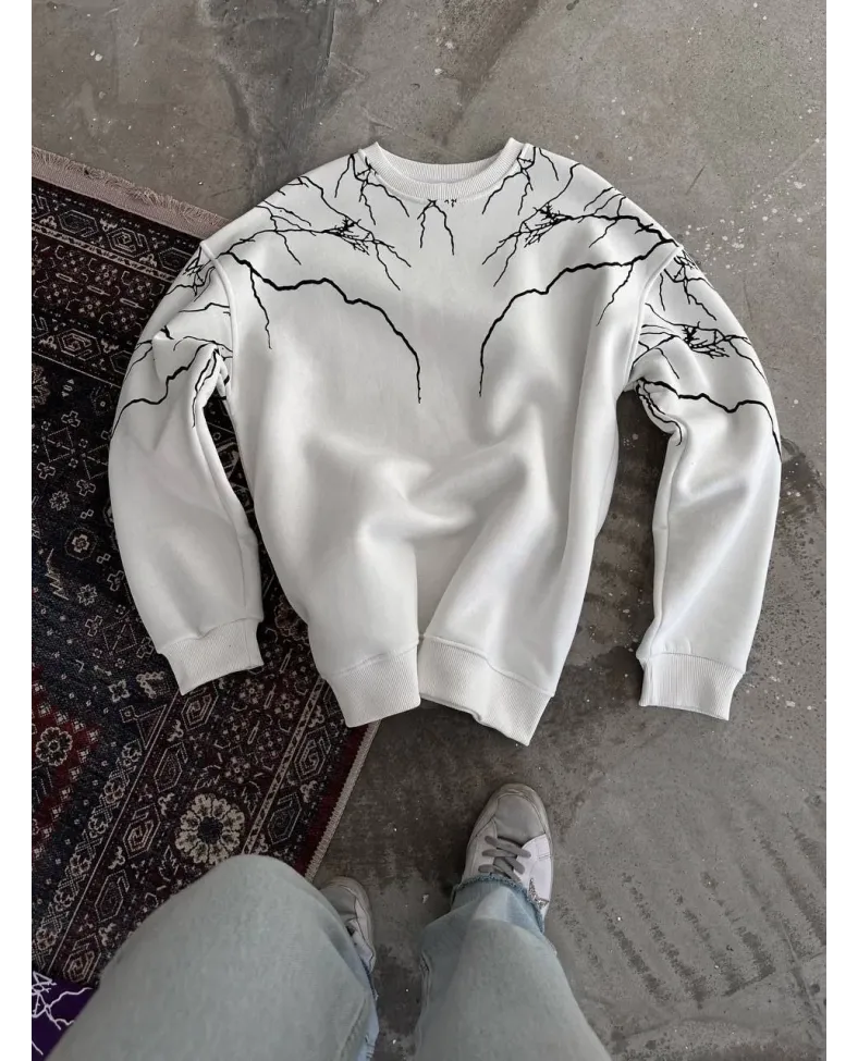 Yıldırım Baskılı Bisiklet Yaka SweatShirt - Beyaz