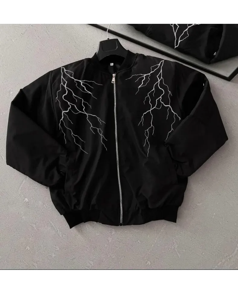 ERKEK Siyah Bomber Mont – Beyaz Şimşek Desenli, Fermuarlı Cepli, Kapitone Astarlı Sokak Stili Günlük Ceket - Siyah