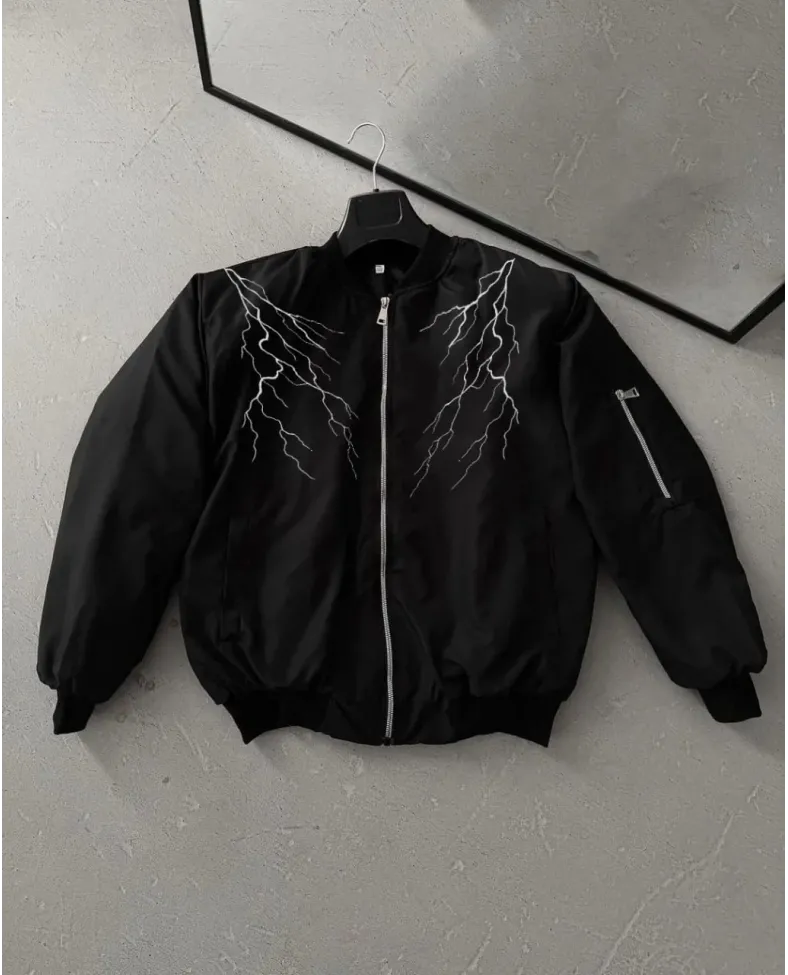 ERKEK Siyah Bomber Mont – Beyaz Şimşek Desenli, Fermuarlı Cepli, Kapitone Astarlı Sokak Stili Günlük Ceket - Siyah