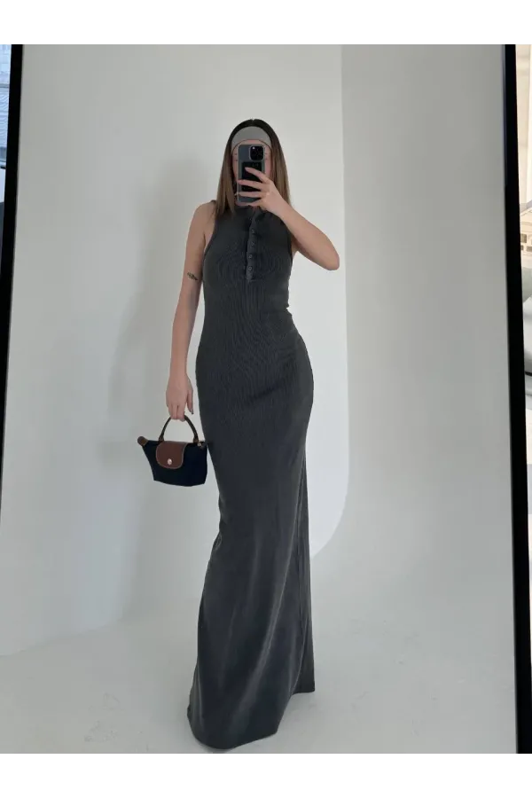 Yırtmaç Detaylı Kolsuz Düğmeli Yıkamalı Uzun Elbise - Antrasit