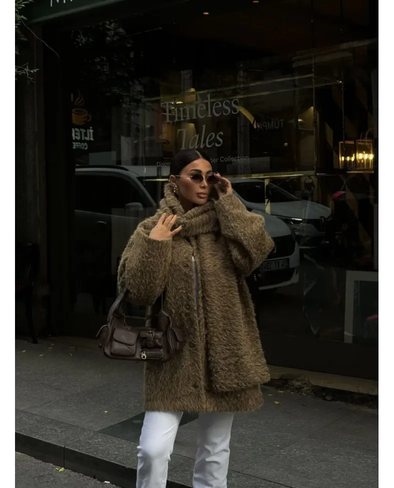 Yün Cıkartılabilen Atkılı ,Kaban İkili Takım- Kahve