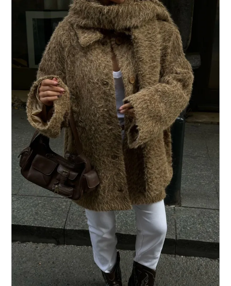 Yün Cıkartılabilen Atkılı ,Kaban İkili Takım- Kahve