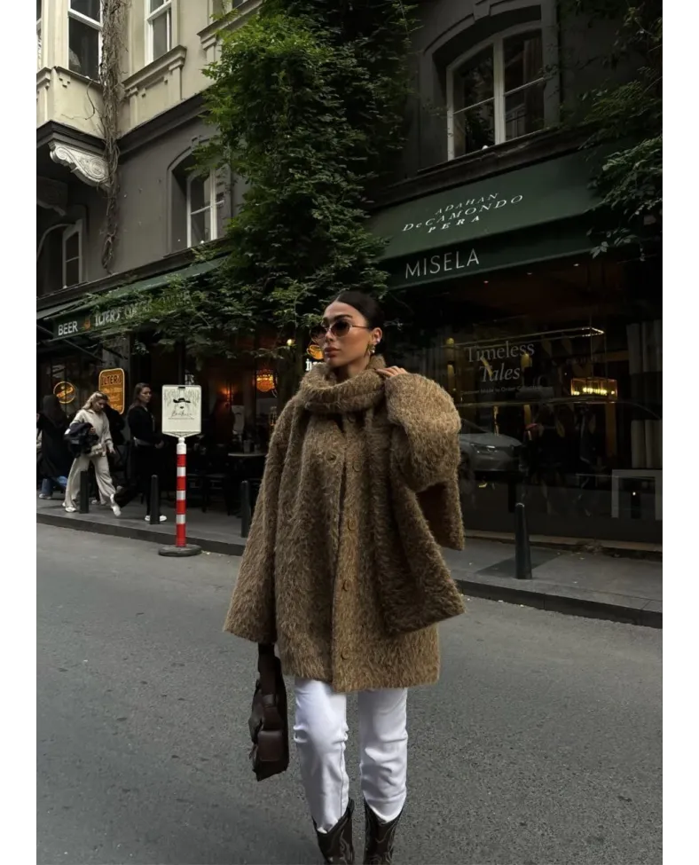 Yün Cıkartılabilen Atkılı ,Kaban İkili Takım- Kahve