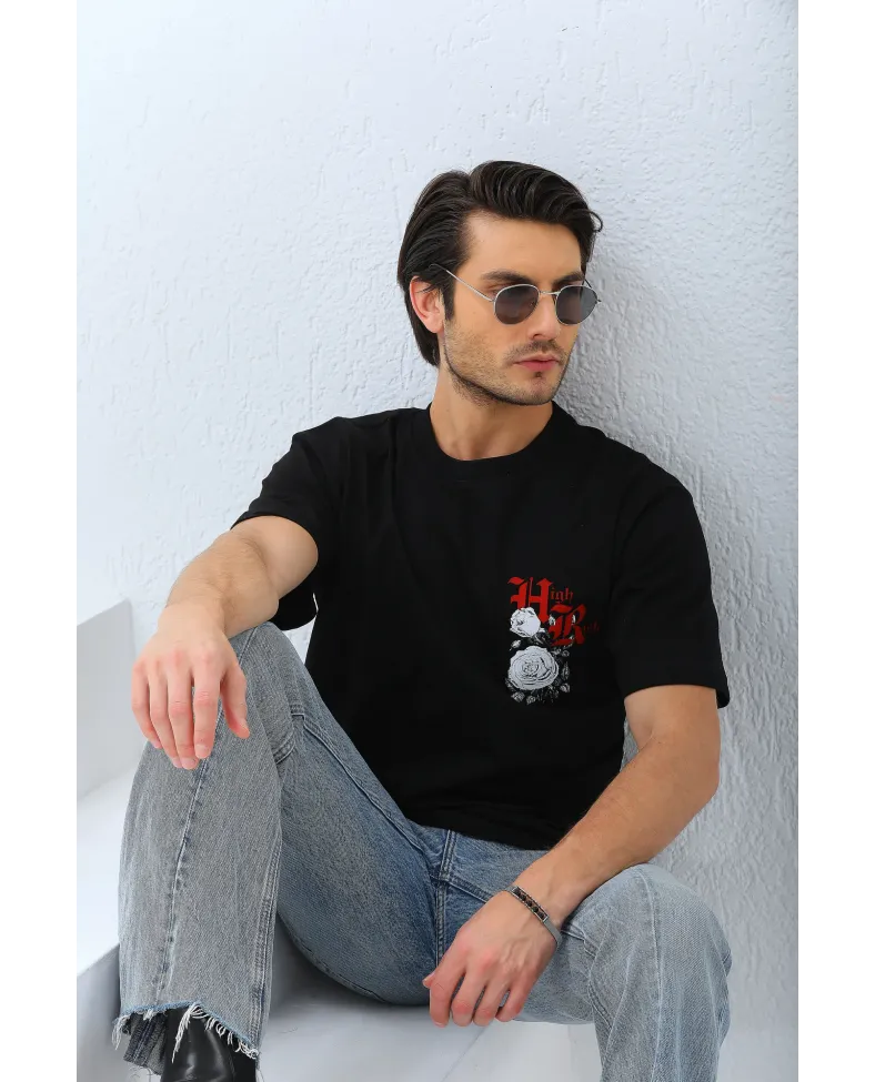 Erkek Baskılı T-Shirt Kısa Kol Bisiklet Yaka Rahat Kalıp Tişört  - Siyah Somersan Giyim | Kadın, Erkek ve Çocuk Moda