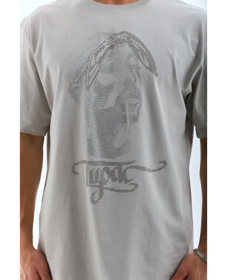 ERKEK Oversize Taşlı Bisiklet Yaka T-Shirt - Gri