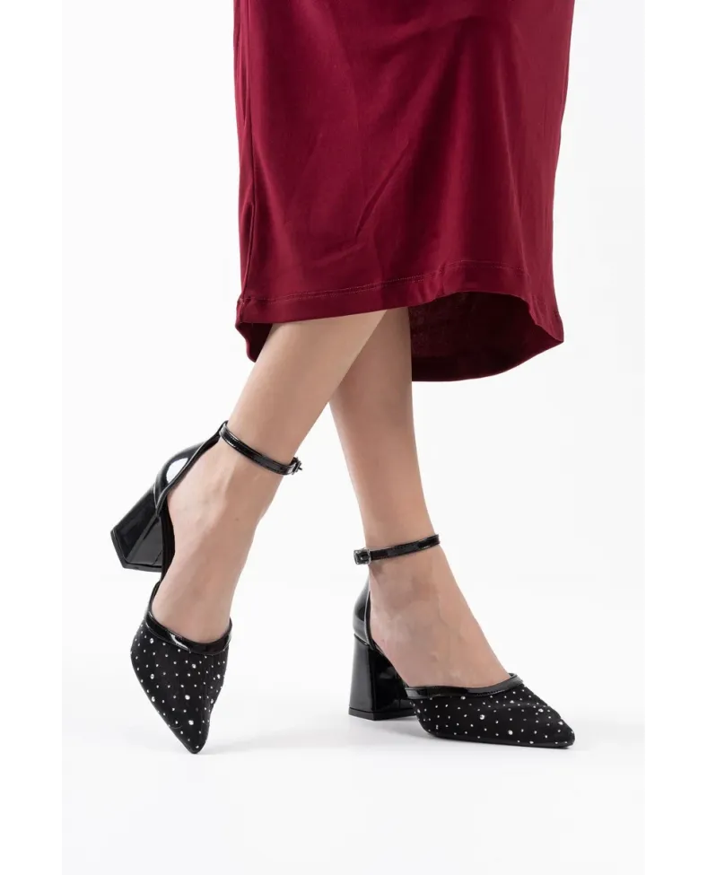 Siyah Tekstil Kumaş Taşlı Kadın Topuklu Ayakkabı TR08MS18A