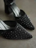 Siyah Tekstil Kumaş Taşlı Kadın Topuklu Ayakkabı TR08MS18A