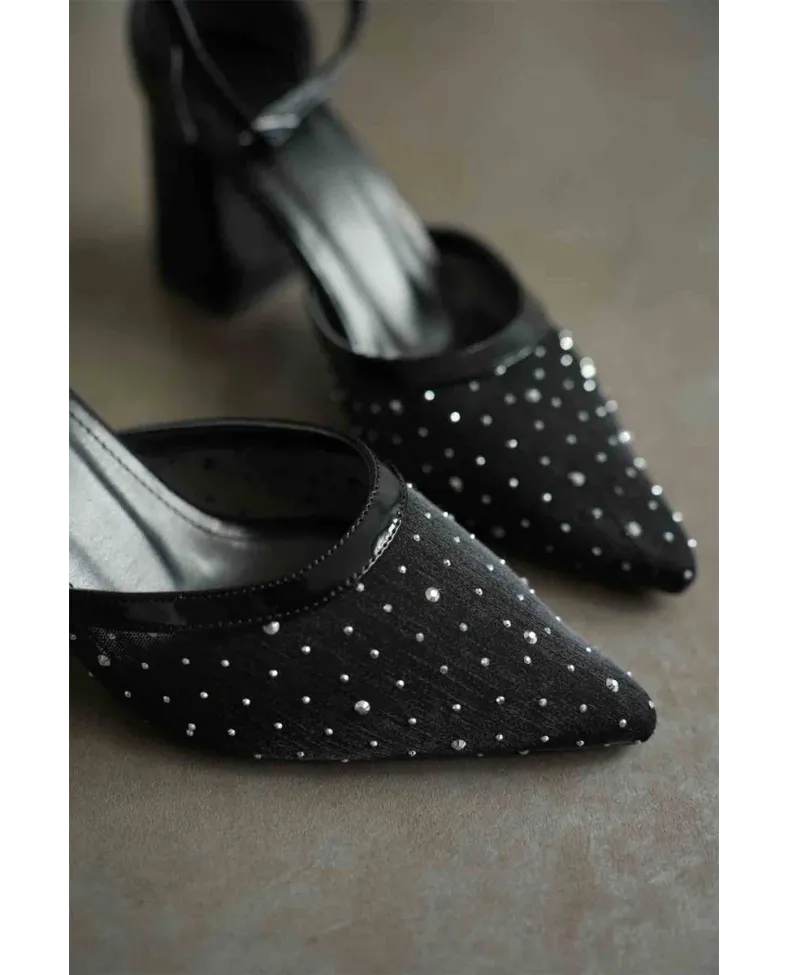 Siyah Tekstil Kumaş Taşlı Kadın Topuklu Ayakkabı TR08MS18A