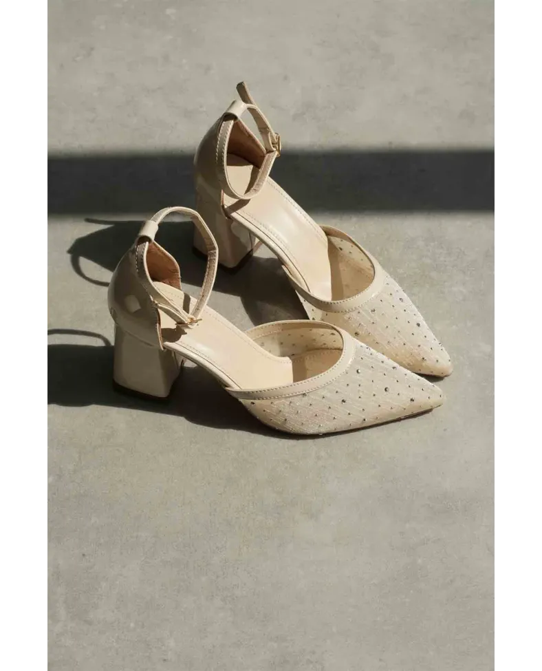 Tekstil Kumaş Taşlı Kadın Topuklu Ayakkabı TR08MS18B