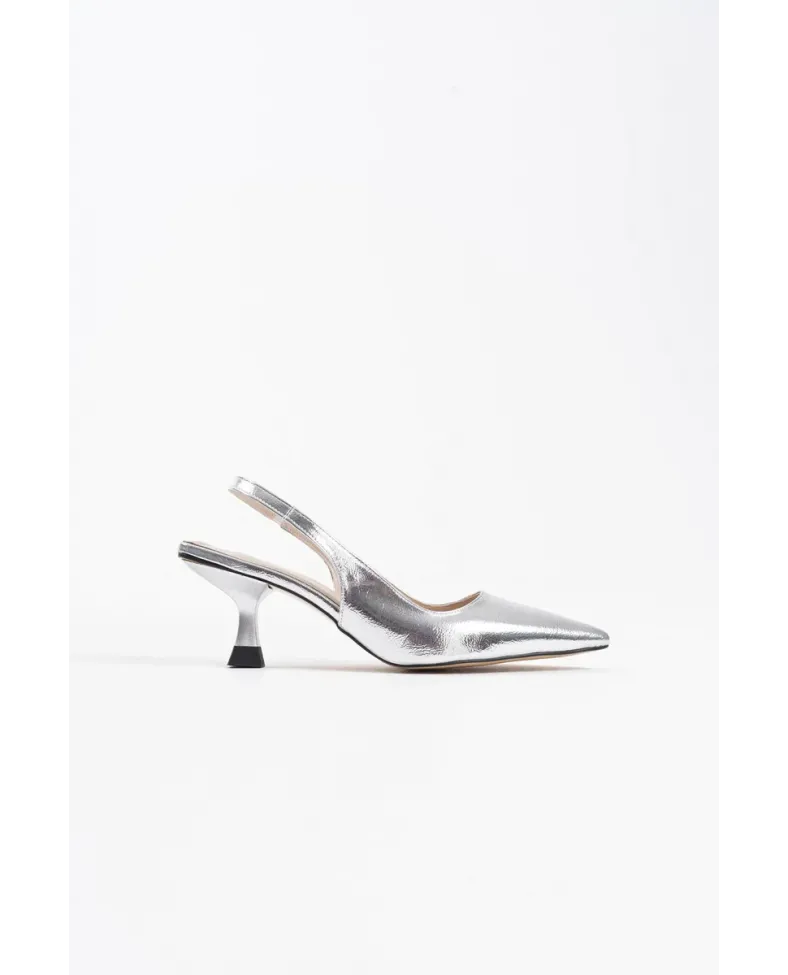 Kadın Gümüş Kırışık Rugan Topuklu Ayakkabı TR08MS08D