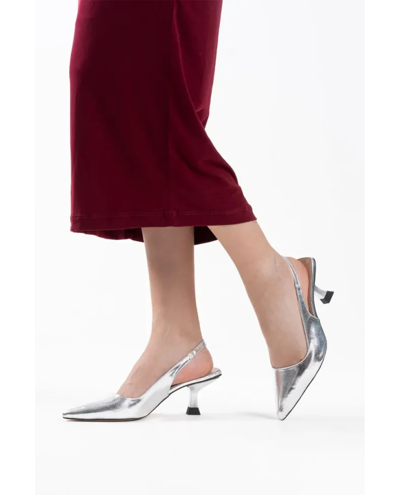 Kadın Gümüş Kırışık Rugan Topuklu Ayakkabı TR08MS08D