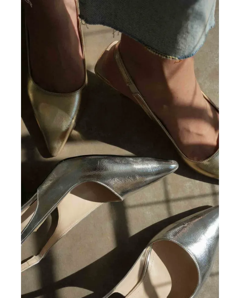 Kadın Gümüş Kırışık Rugan Topuklu Ayakkabı TR08MS08D