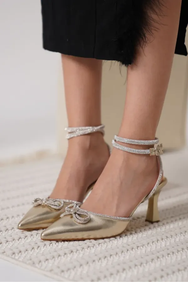 Kadın Altın Taşlı Topuklu Ayakkabı TR12MS05C