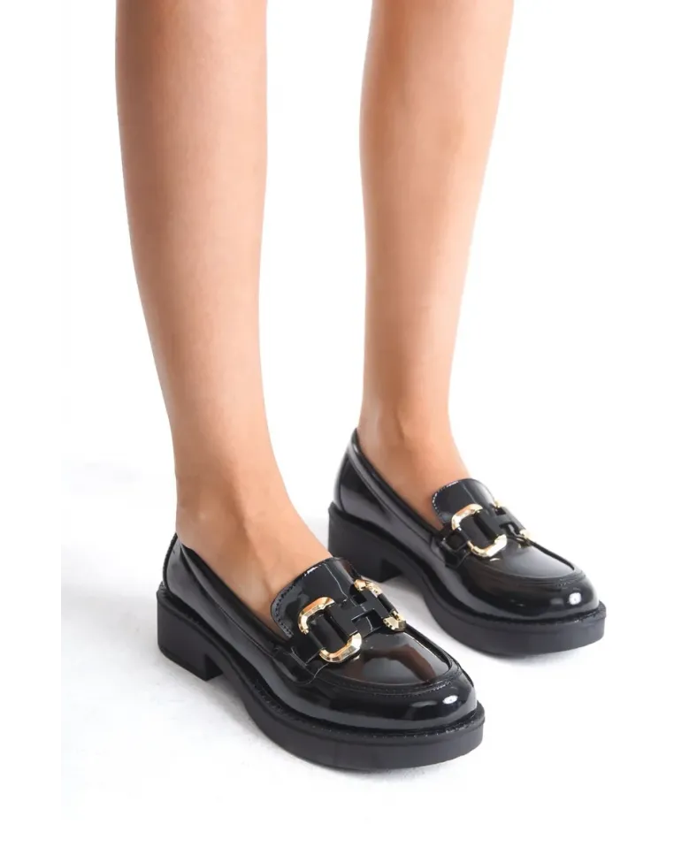 Rugan Siyah Gold Tokalı Kadın Loafer TR17MS02A Somersan Giyim | Kadın, Erkek ve Çocuk Moda
