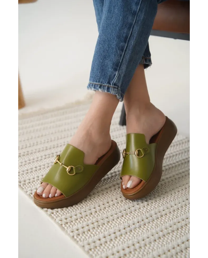 Haki Yeşili Hakiki Deri Terlik TR31MY62G