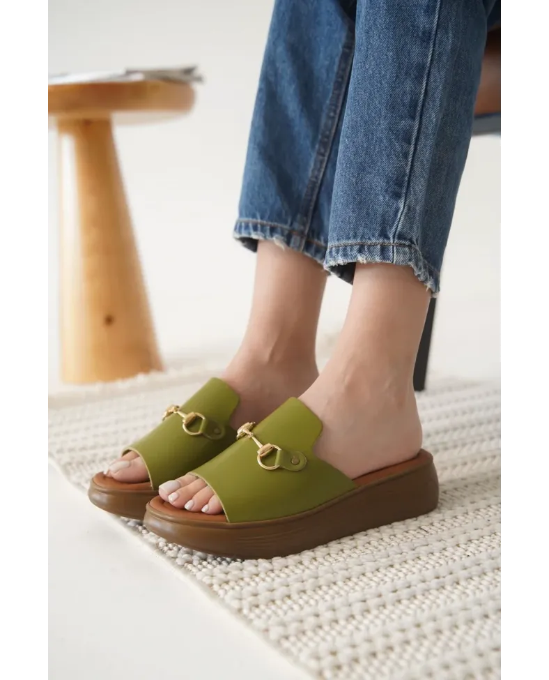 Haki Yeşili Hakiki Deri Terlik TR31MY62G