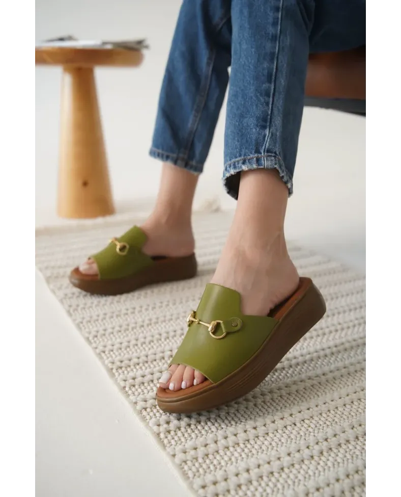 Haki Yeşili Hakiki Deri Terlik TR31MY62G