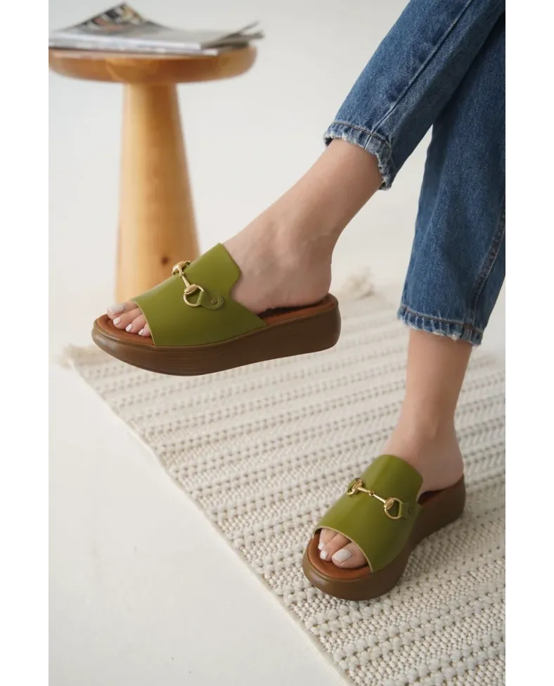 Haki Yeşili Hakiki Deri Terlik TR31MY62G