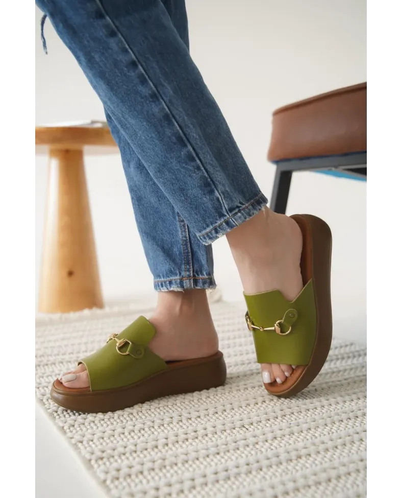 Haki Yeşili Hakiki Deri Terlik TR31MY62G