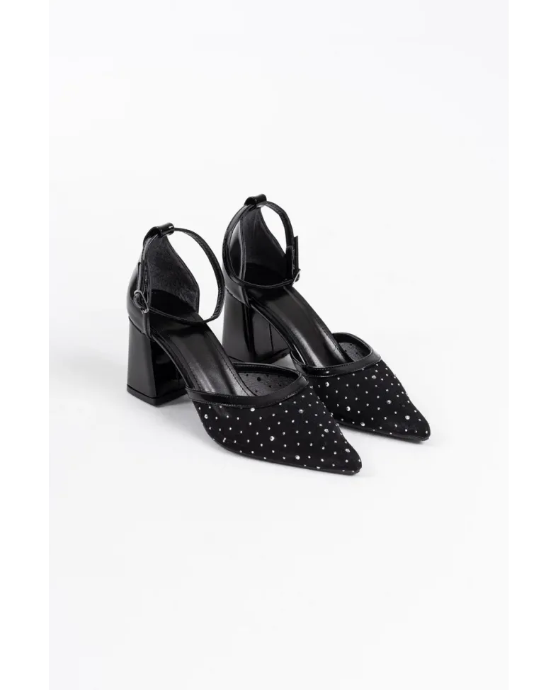 Siyah Tekstil Kumaş Taşlı Kadın Topuklu Ayakkabı TR08MS18A