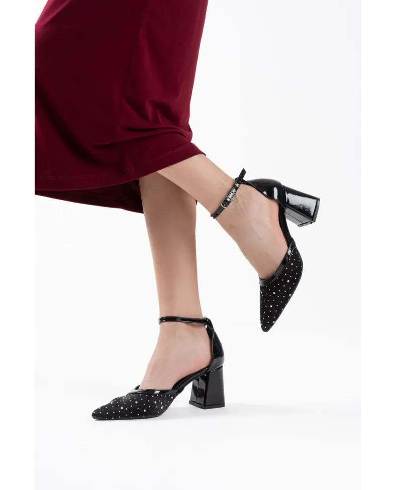 Siyah Tekstil Kumaş Taşlı Kadın Topuklu Ayakkabı TR08MS18A