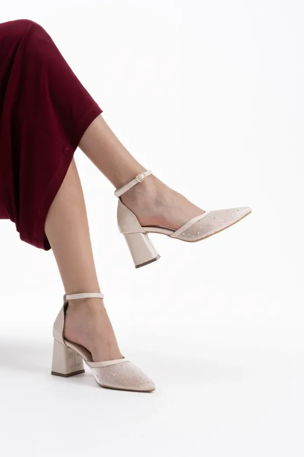 Tekstil Kumaş Taşlı Kadın Topuklu Ayakkabı TR08MS18B