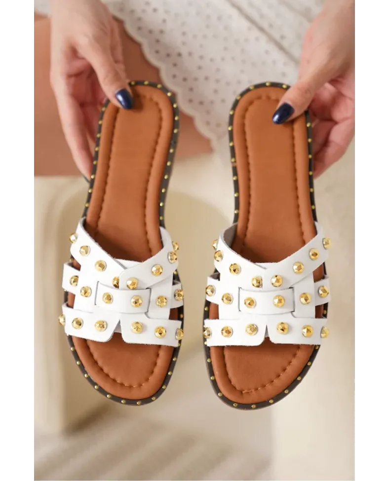 Beyaz Hakiki Deri Terlik TR31MY68B