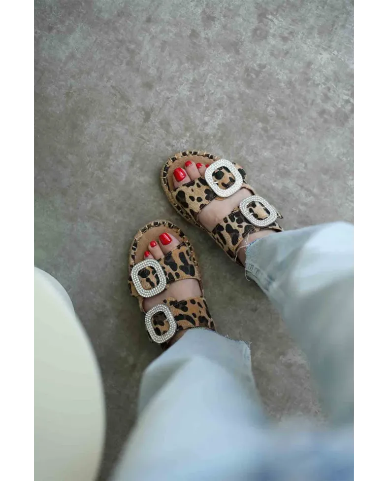 Süet Leopar Taşlı Kadın Terlik TR35MY05E