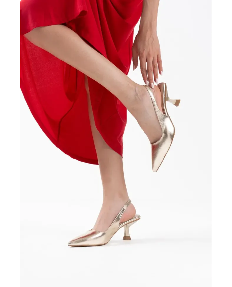 Kadın Altın Kırışık Rugan Topuklu Ayakkabı TR08MS08E