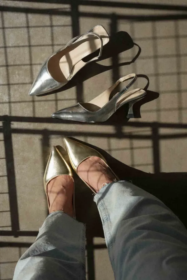 Kadın Altın Kırışık Rugan Topuklu Ayakkabı TR08MS08E