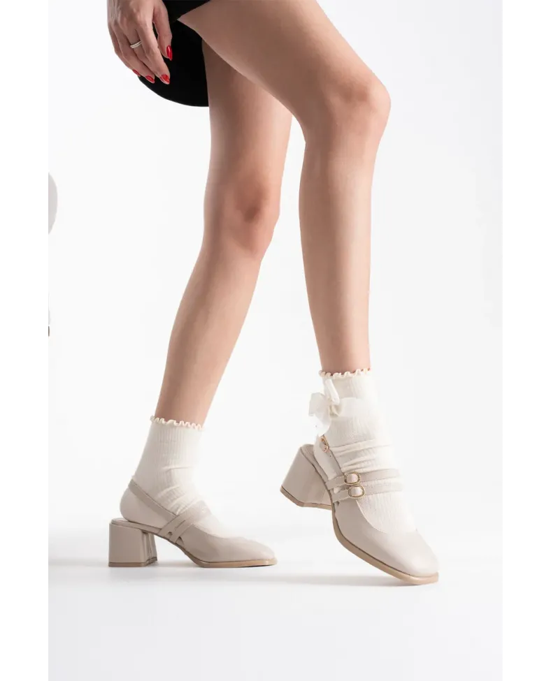 Bej Cilt Kadın Topuklu Ayakkabı TR02MS03D