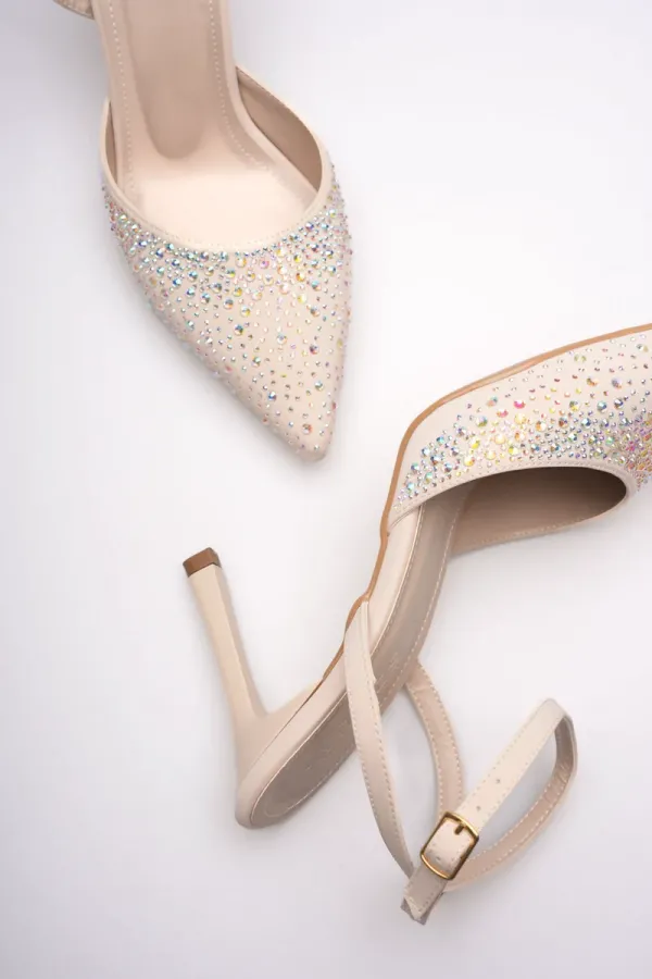 Kadın Bej Taşlı Topuklu Ayakkabı TR08MS22B