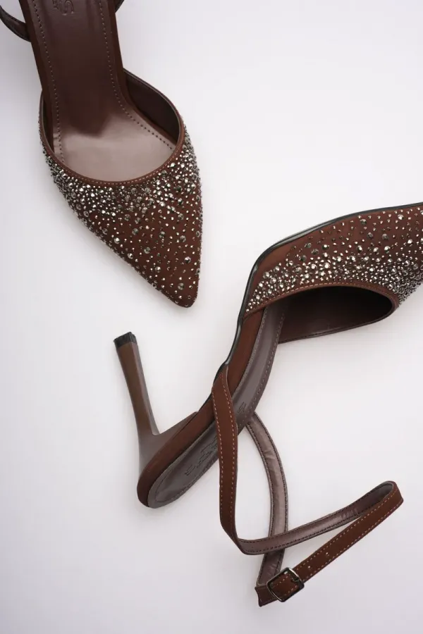Kadın Acı Kahve Taşlı Topuklu Ayakkabı TR08MS22C