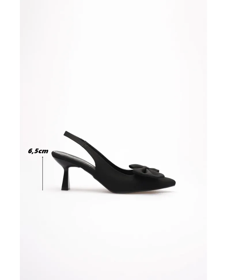 Siyah Fiyonklu Kitten Topuklu Slingback Kadın Ayakkabı TR08MS24A