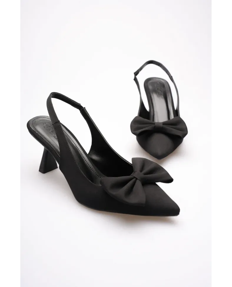 Siyah Fiyonklu Kitten Topuklu Slingback Kadın Ayakkabı TR08MS24A