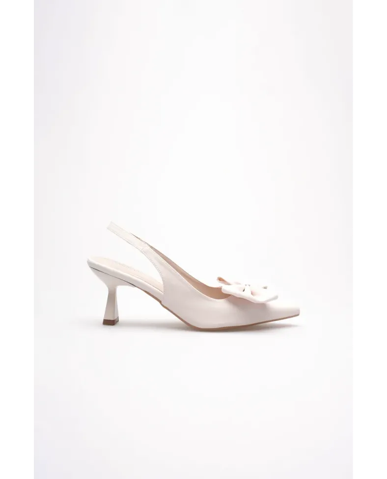 Bej Fiyonklu Kitten Topuklu Slingback Kadın Ayakkabı TR08MS24B